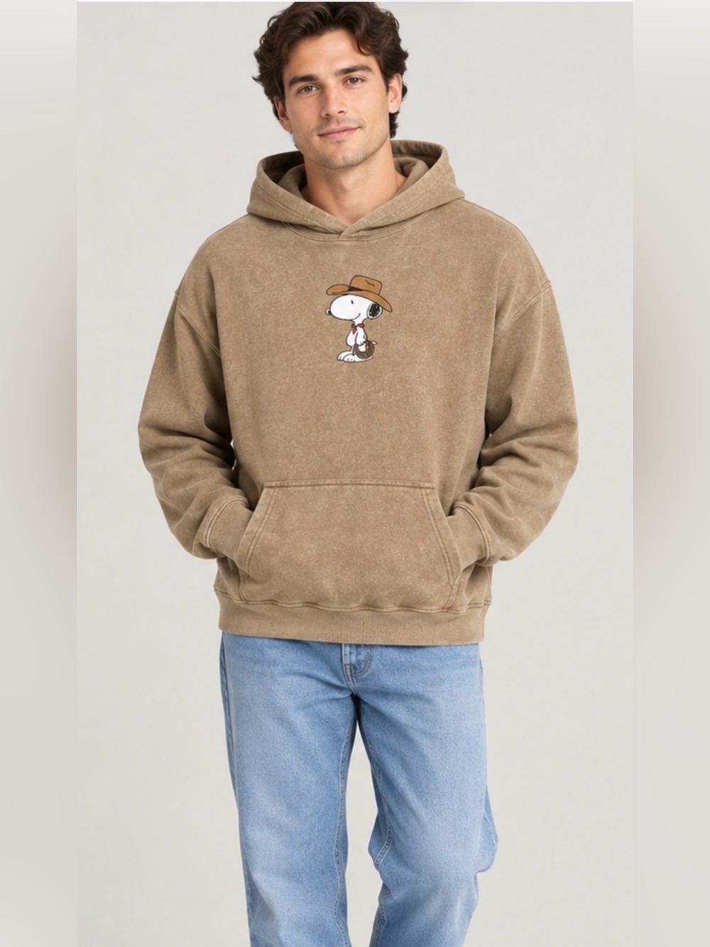 NWT Peanuts Snoopy Cowboy Mineral Wash Brown Hoodie L Graphic Back Print Large